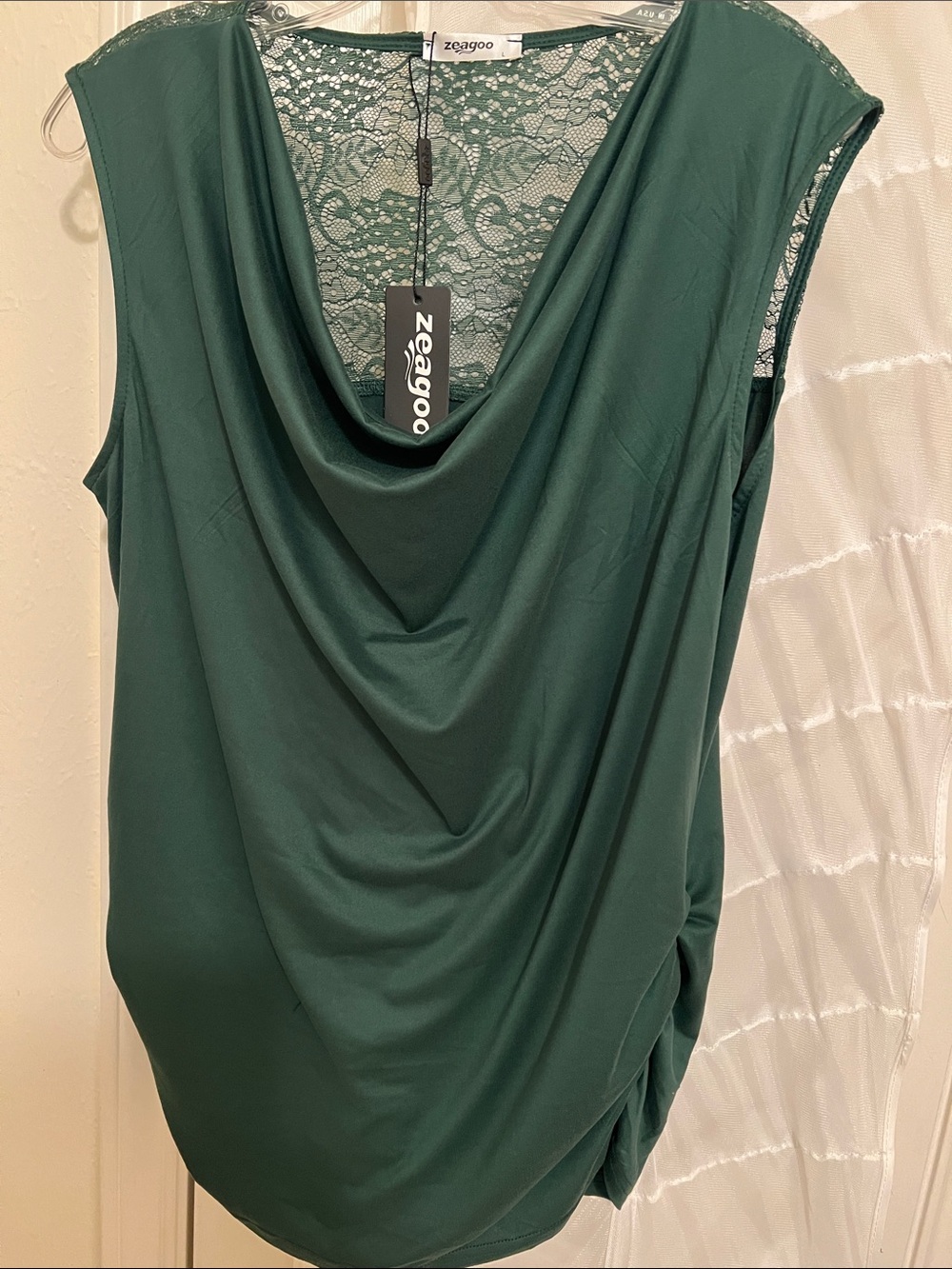 zeagoo Emerald Green Draped Lace-Back Ruched Cowl Neck Sleeveless Top